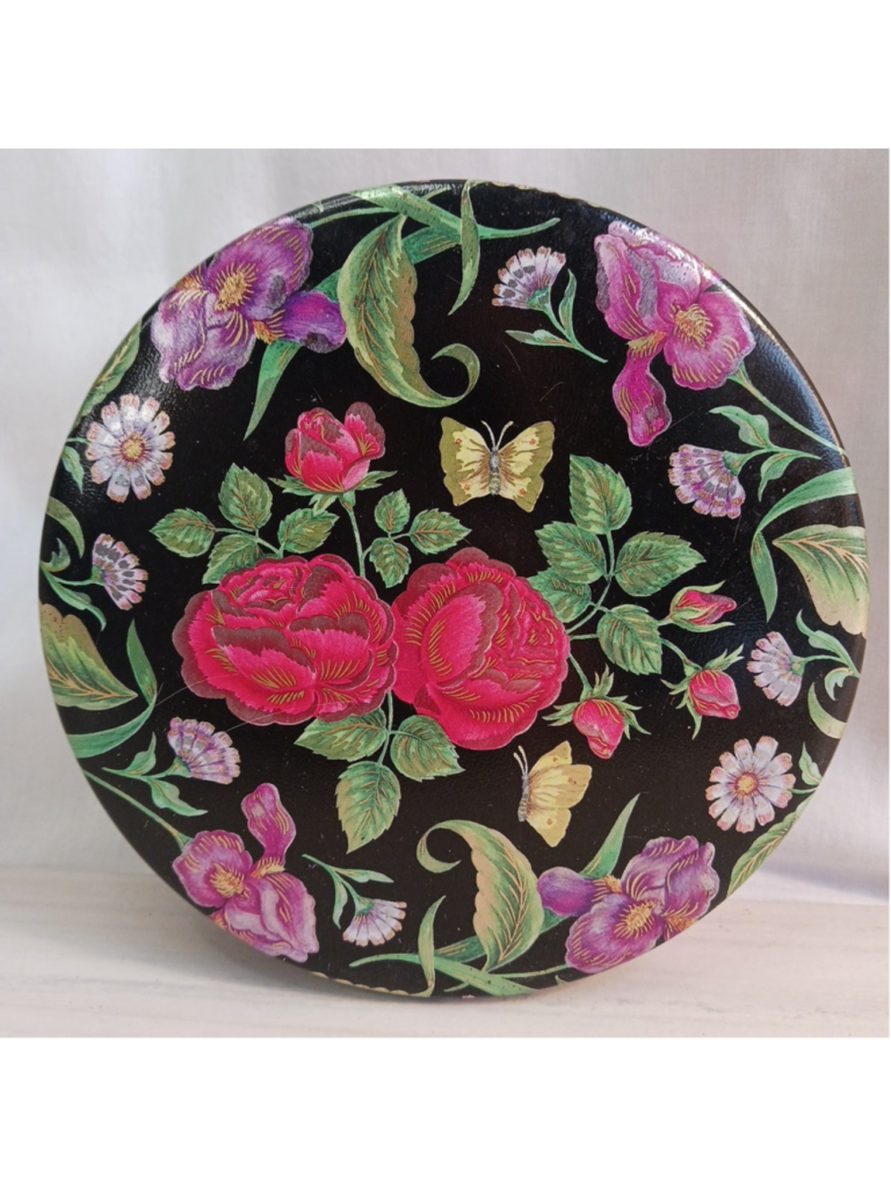 VTG Floral Rose Butterfly Iris Round Black Tin Cookies Trinkets COTTAGECORE